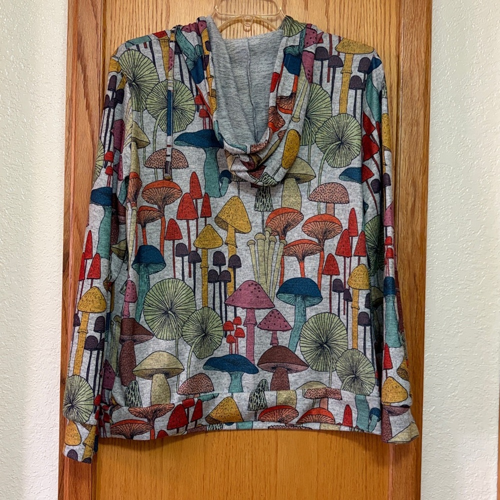 Mushroom Print Hoodie Sweatshirt Colorful Gray Soft Cozy Psychedelic - Picture 4 of 4